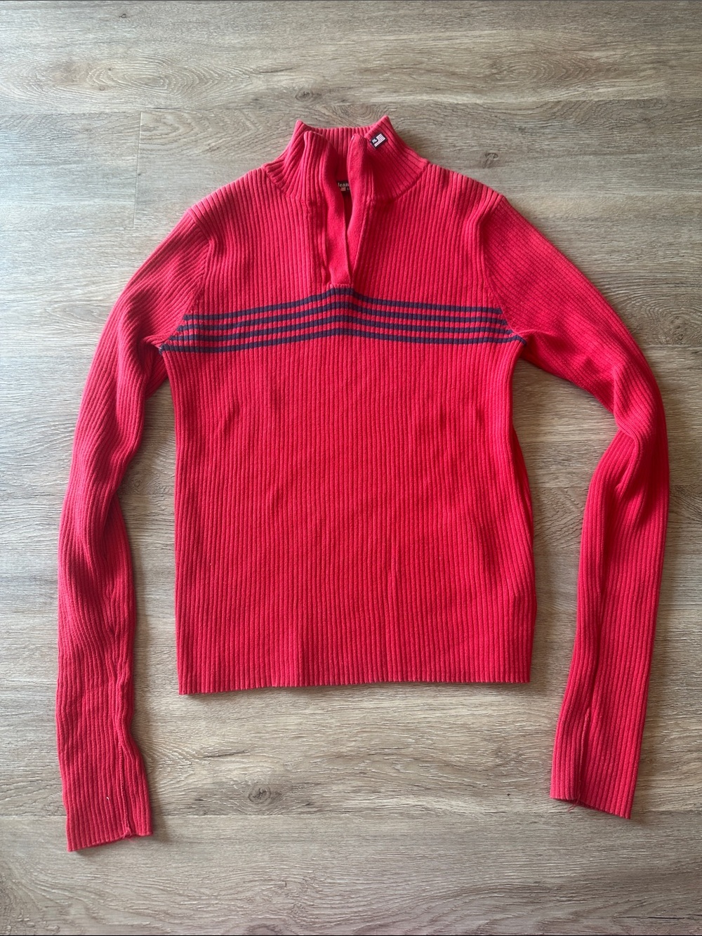 Polo by Ralph Lauren Red Ribbed Half-Zip Sweater with Navy Stripes
